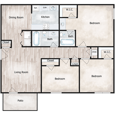 Floor plan for 3 beds, 2 baths, 1106 sqft